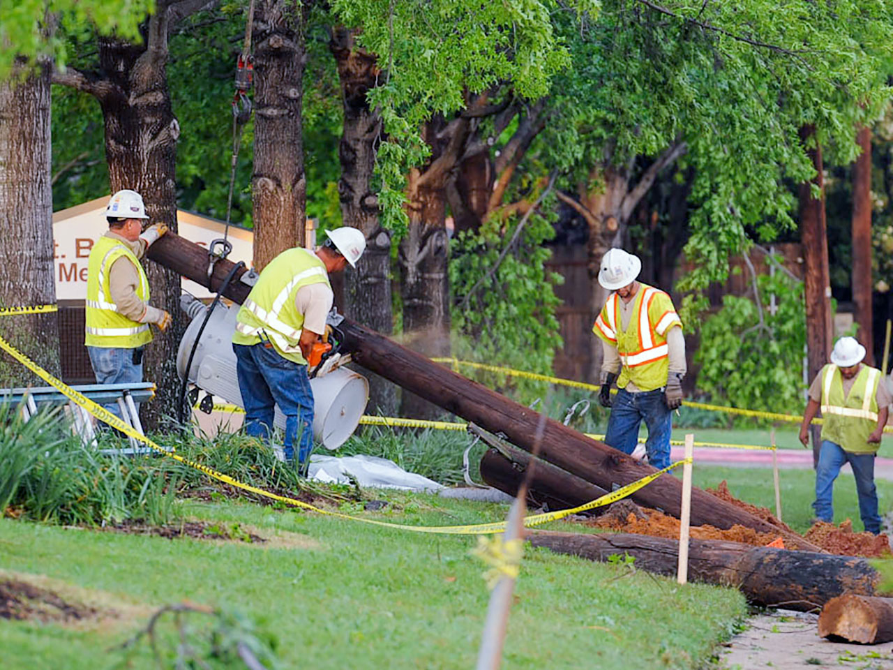 An Oncor vegetation management crew removes a tree limb tangled in power lines following a storm.