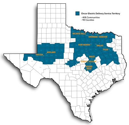 Map of Texas showing the Oncor Service Territory